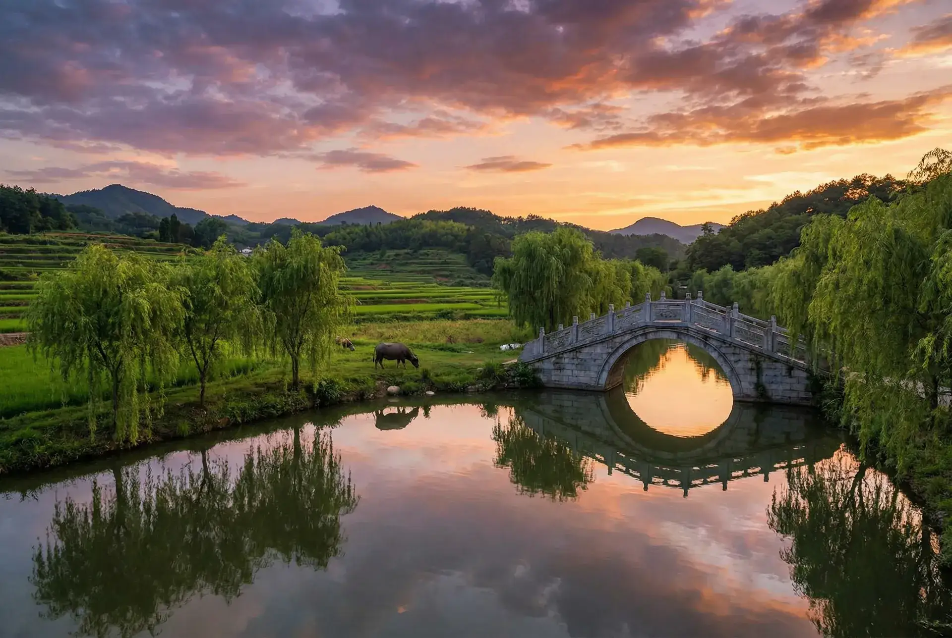 夕阳下的石拱桥与垂柳，水牛在河边吃草 - 念念无明电视剧 乡村美景
